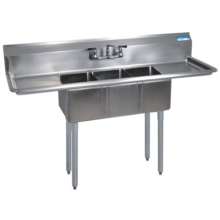 Bk Resources Three Compartment Sink 10 in x 14 in, 3, 2, Free Standing, Stainless Steel BKS-3-1014-10-15T